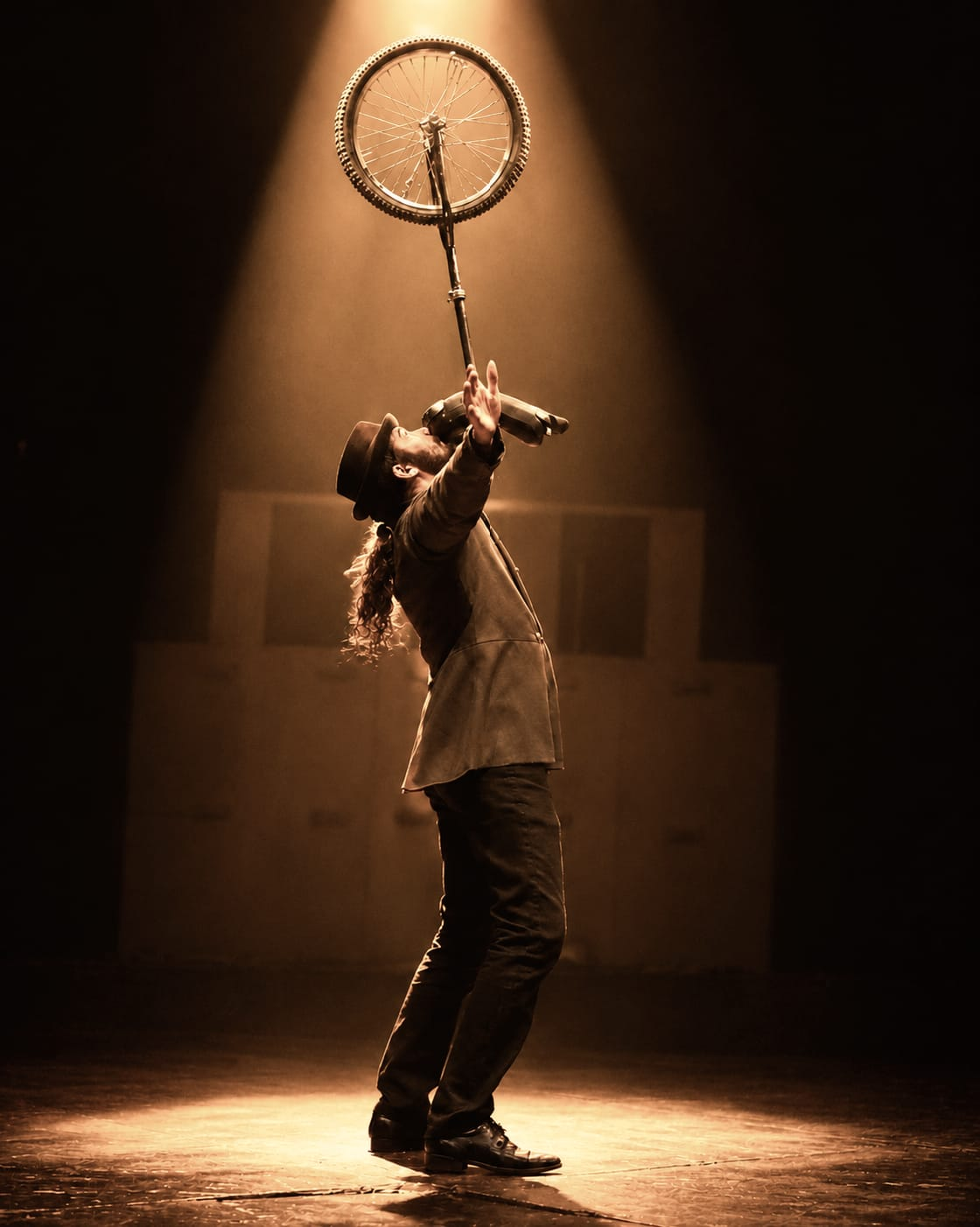 Marcos Lira equilibrando um monociclo sob a luz do palco